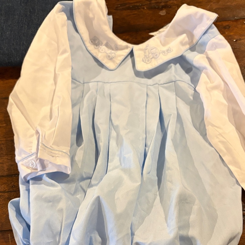Light Blue and White onesie for boys with trains